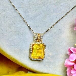 6ct Emerald-Cut Citrine & White Topaz Sterling Silver Necklace Pendant & Chain
